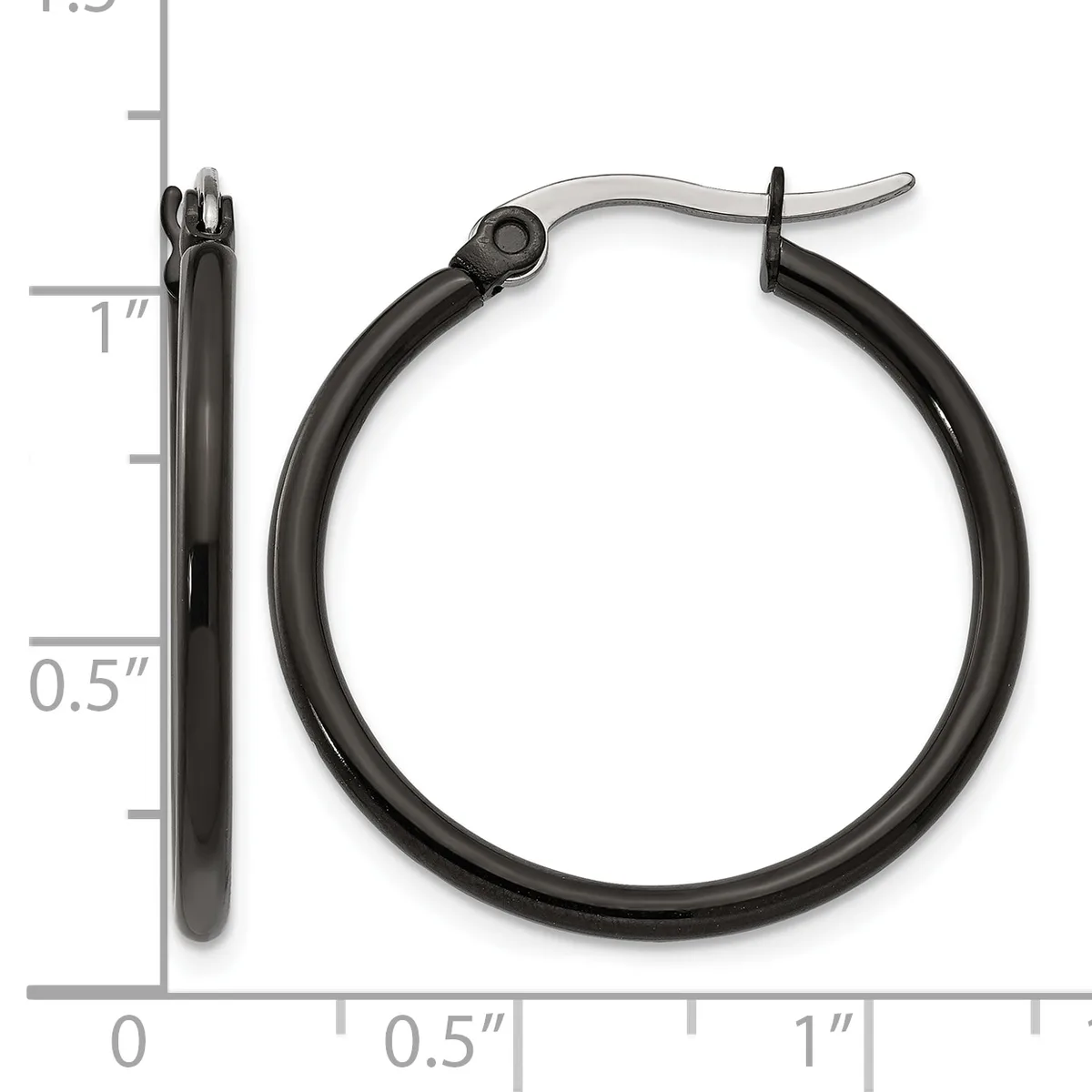 A pair of black hoop earrings with a polished finish and hinged closures, shown next to a ruler indicating they measure approximately one inch in diameter.