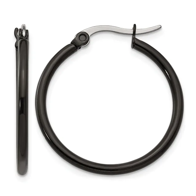 A pair of black hoop earrings with a polished finish and hinged closure posts, shown from the front and side views.