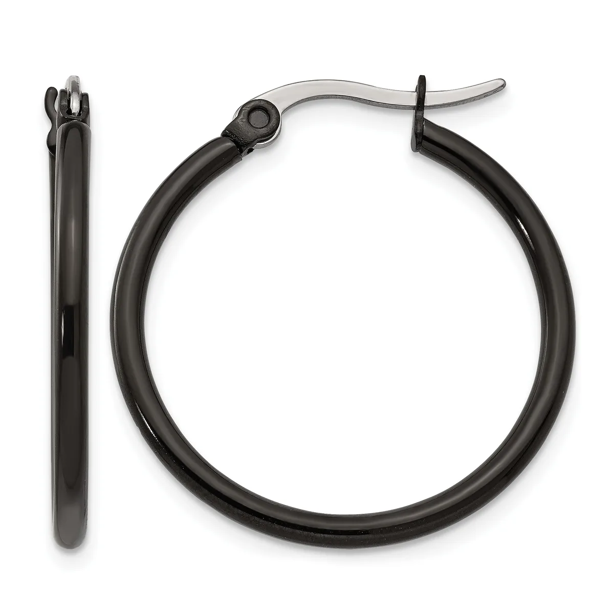 A pair of black hoop earrings with a polished finish and hinged closure posts, shown from the front and side views.