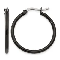 A pair of black hoop earrings with a polished finish and hinged closure posts, shown from the front and side views.