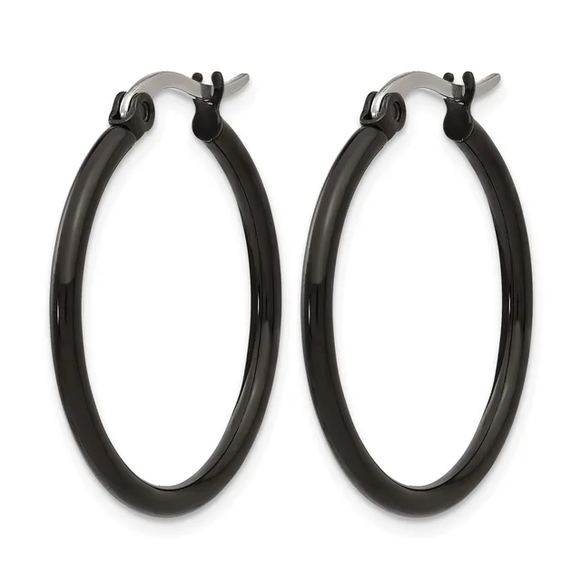 Pair of black hoop earrings with stainless steel posts and click-top closures, shown against a white background.