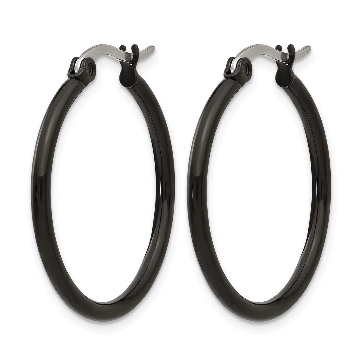 Pair of black hoop earrings with stainless steel posts and click-top closures, shown against a white background.