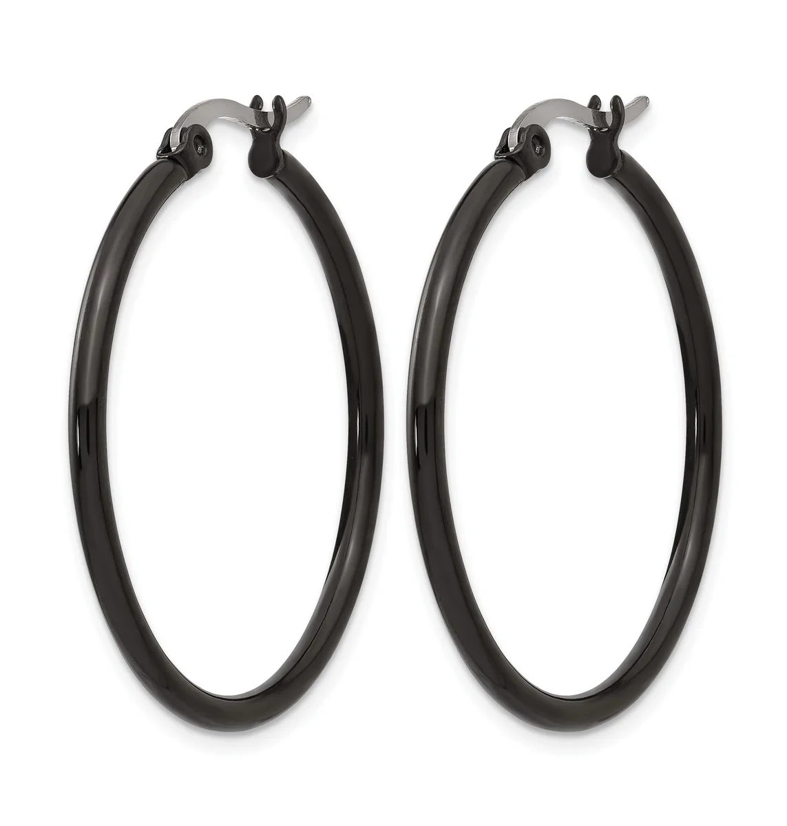 A pair of black polished hoop earrings with hinged closures displayed against a white background.