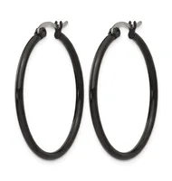 A pair of black polished hoop earrings with hinged closures displayed against a white background.