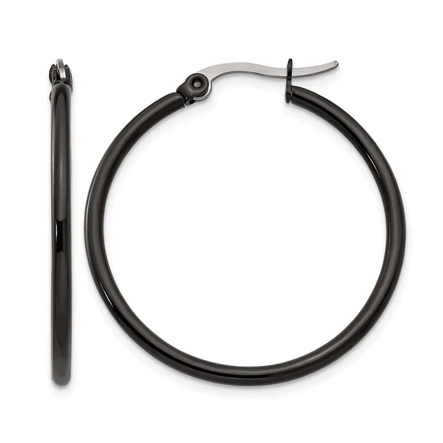 A pair of black hoop earrings with hinged closures, shown from front and side views.