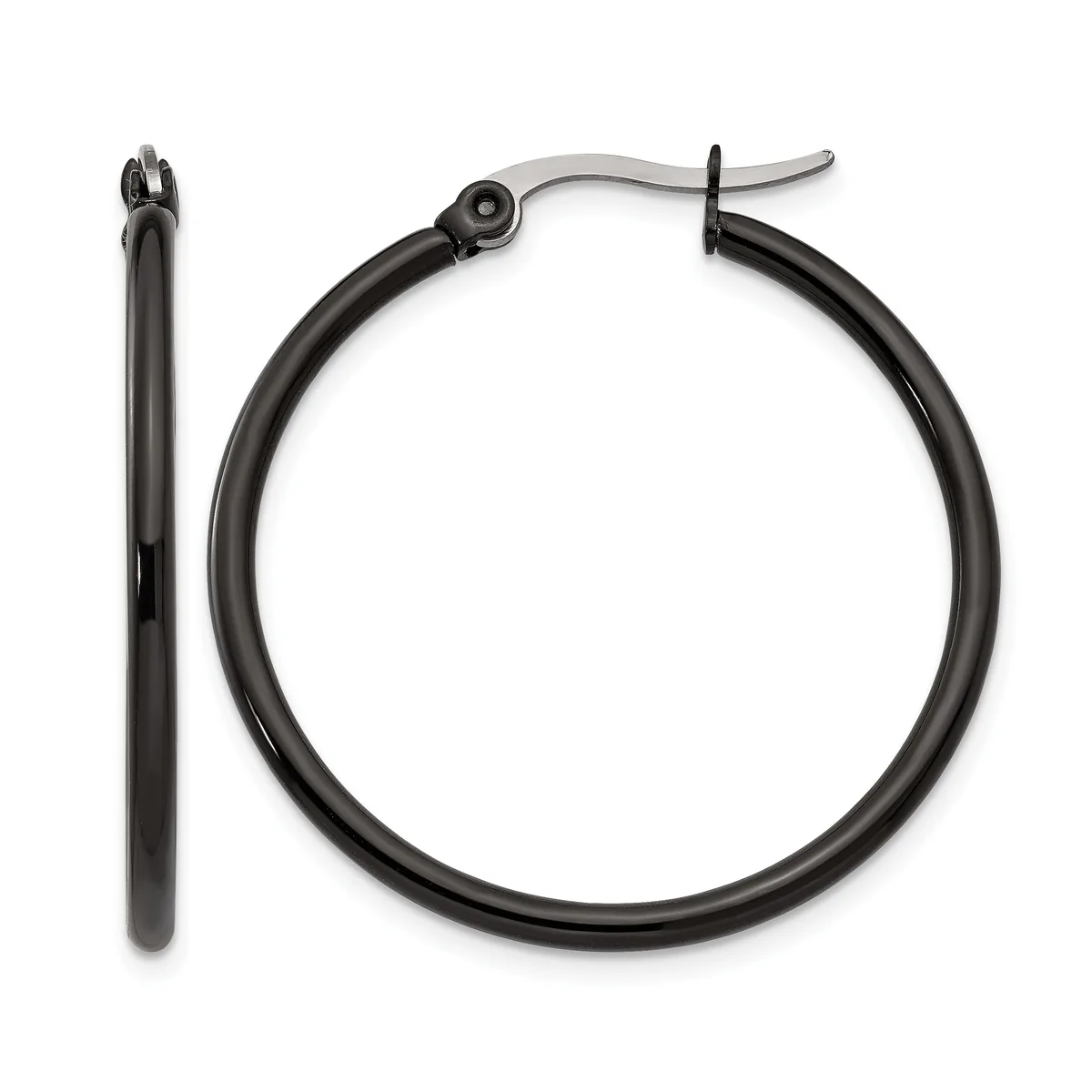 A pair of black hoop earrings with hinged closures, shown from front and side views.