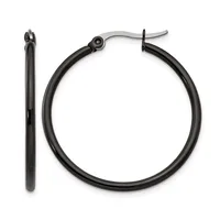 A pair of black hoop earrings with hinged closures, shown from front and side views.