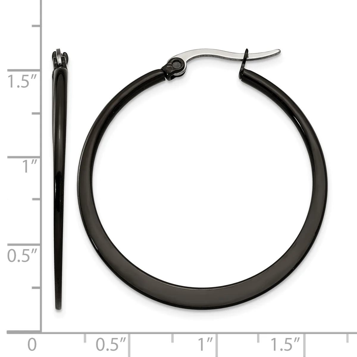 Black hoop earrings with stainless steel posts displayed next to a ruler showing the earrings measure approximately 1.5 inches in diameter.