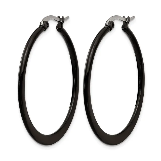 A pair of black hoop earrings with stud posts and backs displayed against a white background.