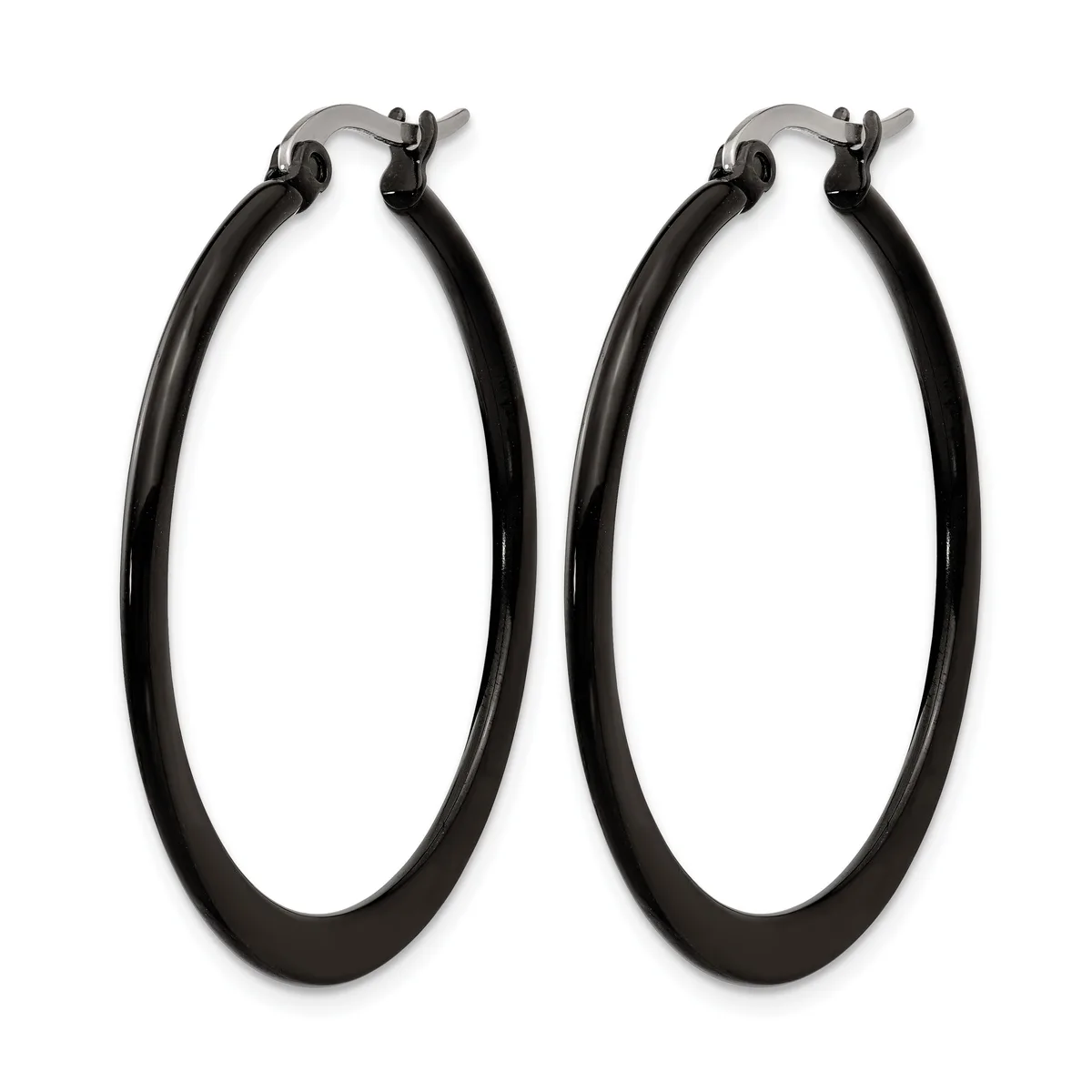 A pair of black hoop earrings with stud posts and backs displayed against a white background.