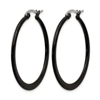 A pair of black hoop earrings with stud posts and backs displayed against a white background.