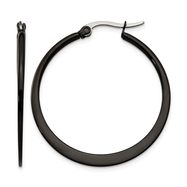 A pair of black hoop earrings with hinged closures, displayed separately to show the front and side view of the rounded tubing.