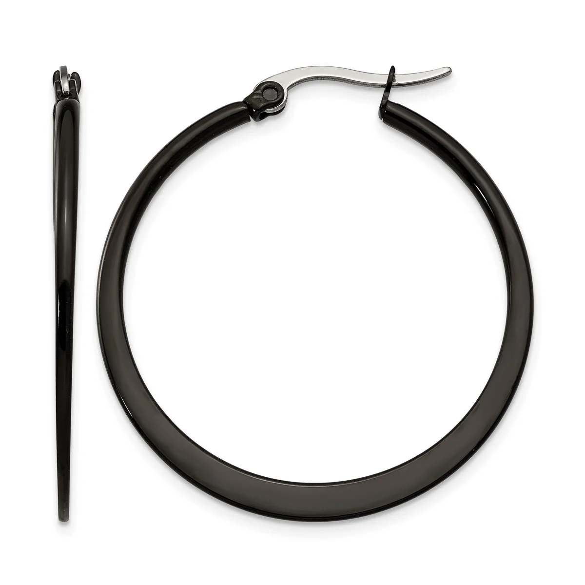 A pair of black hoop earrings with hinged closures, displayed separately to show the front and side view of the rounded tubing.