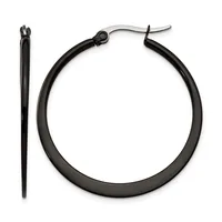 A pair of black hoop earrings with hinged closures, displayed separately to show the front and side view of the rounded tubing.