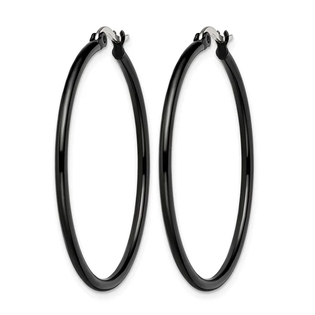 A pair of black hoop earrings with a polished finish and hinged closures, displayed against a white background.
