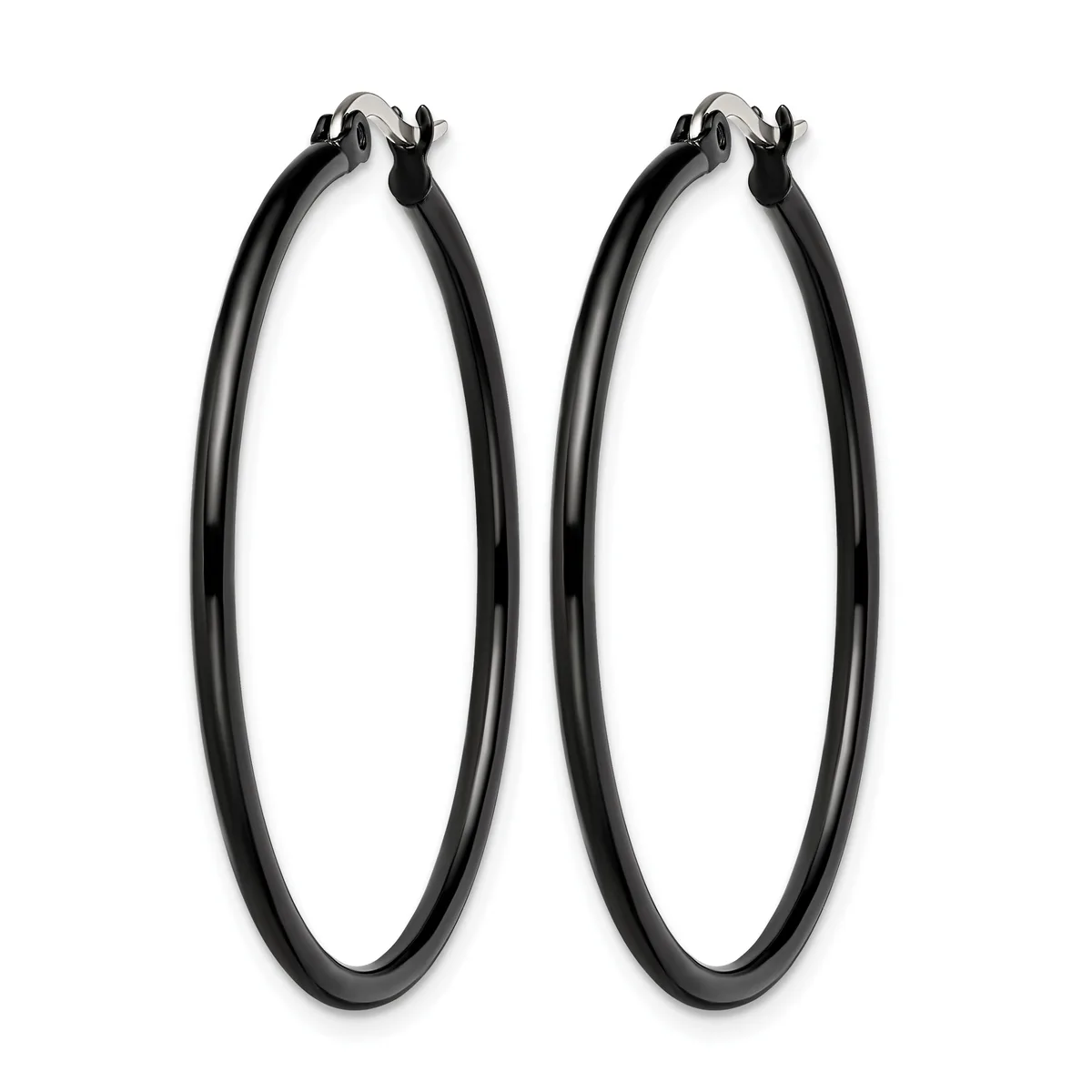 A pair of black hoop earrings with a polished finish and hinged closures, displayed against a white background.