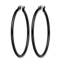 A pair of black hoop earrings with a polished finish and hinged closures, displayed against a white background.