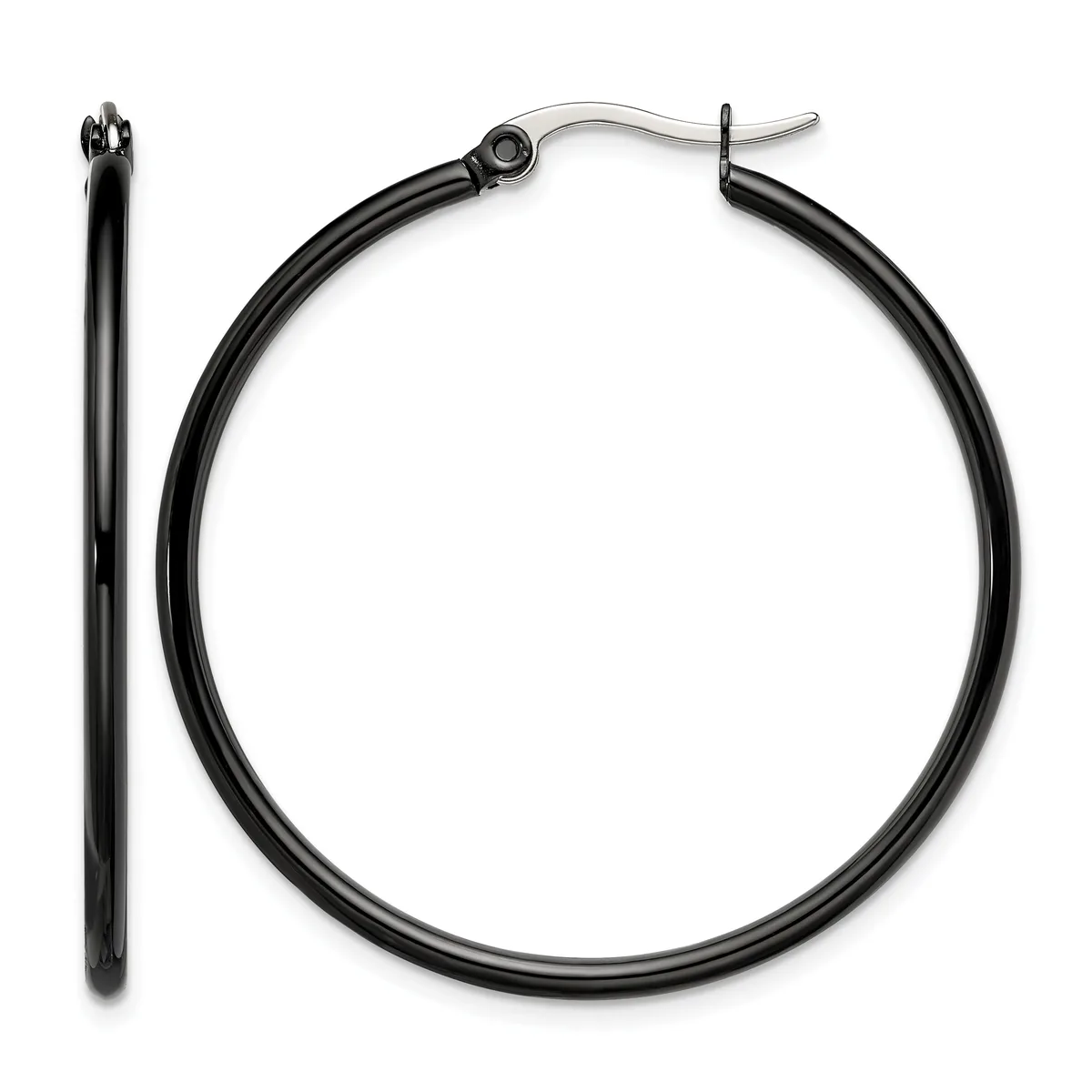 A pair of black hoop earrings with silver-tone posts and clutch backs, shown from front and side views.
