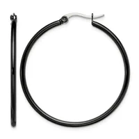 A pair of black hoop earrings with silver-tone posts and clutch backs, shown from front and side views.