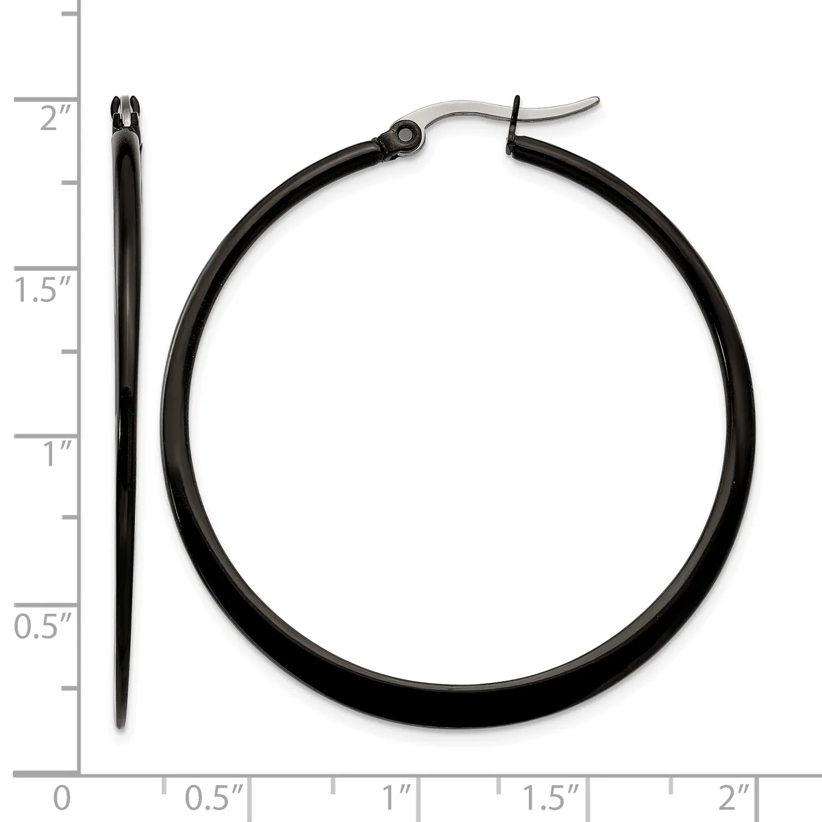 Black hoop earrings with curved posts, shown next to a ruler indicating they measure approximately two inches in length.