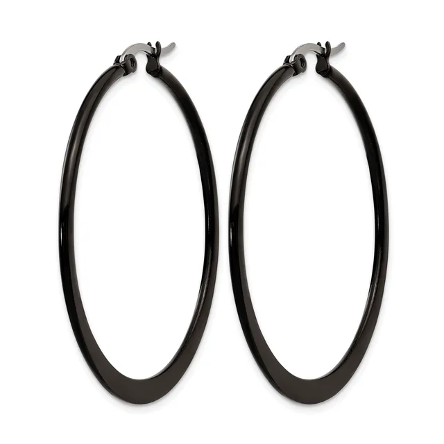A pair of black hoop earrings with a polished finish and hinged closures, displayed against a white background.
