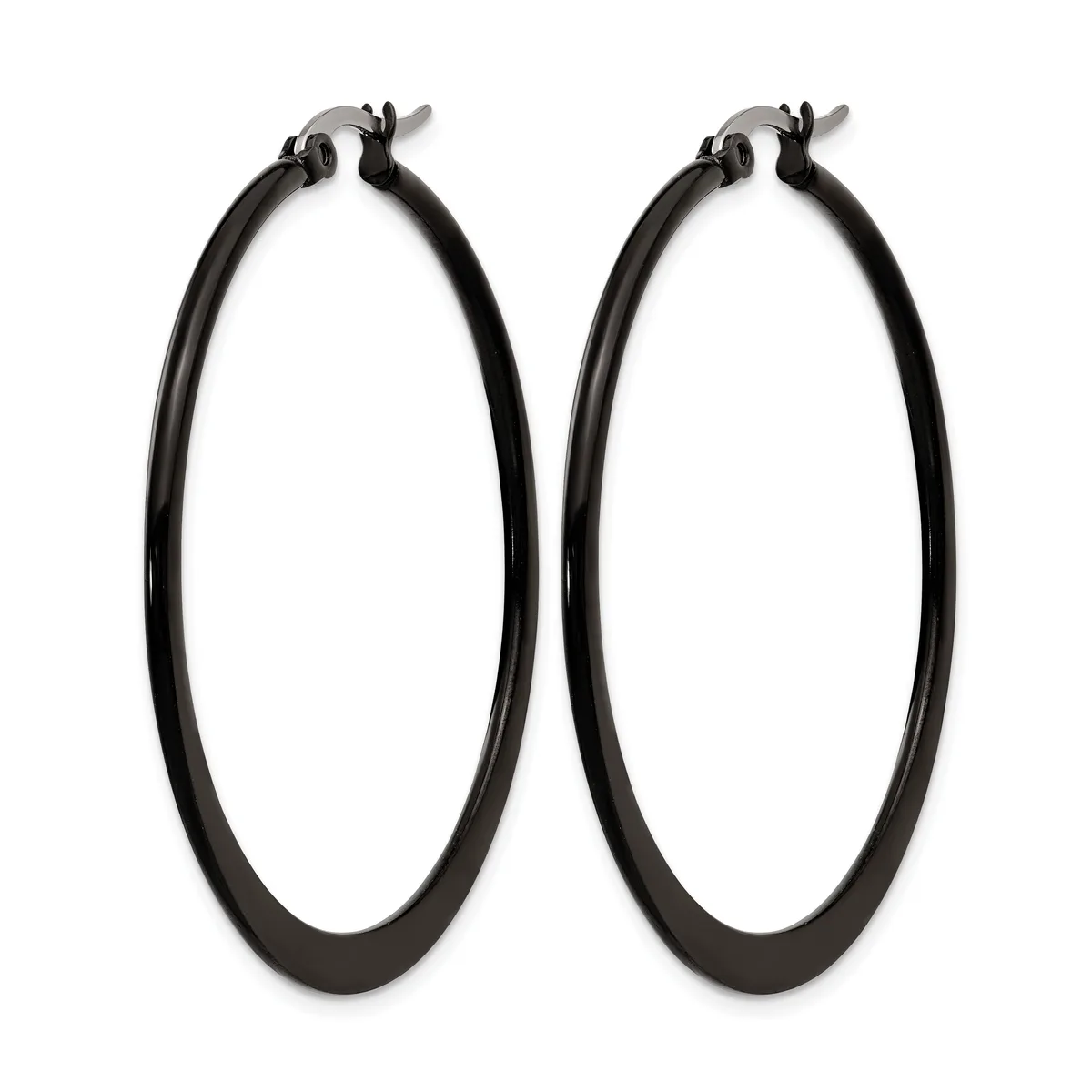 A pair of black hoop earrings with a polished finish and hinged closures, displayed against a white background.