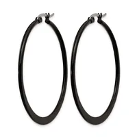 A pair of black hoop earrings with a polished finish and hinged closures, displayed against a white background.