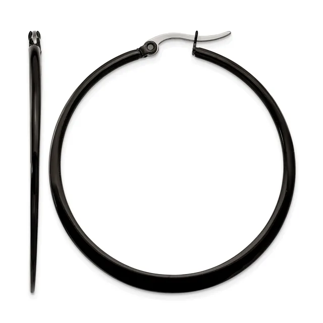 A pair of black hoop earrings with silver-toned posts and backs, displayed against a white background.