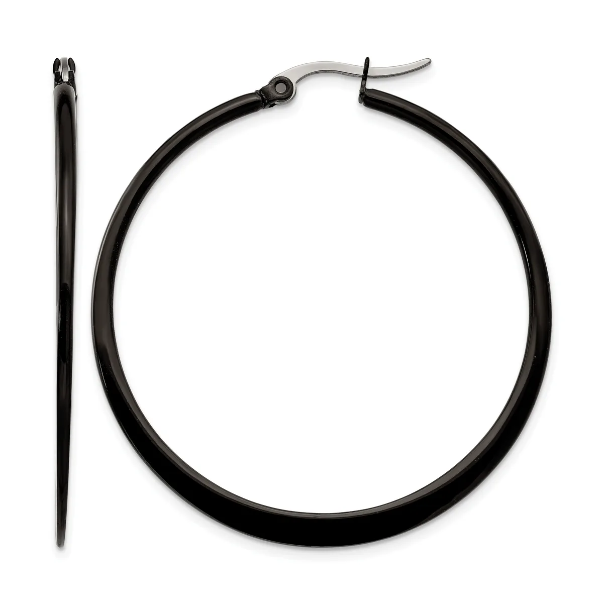 A pair of black hoop earrings with silver-toned posts and backs, displayed against a white background.