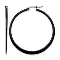 A pair of black hoop earrings with silver-toned posts and backs, displayed against a white background.