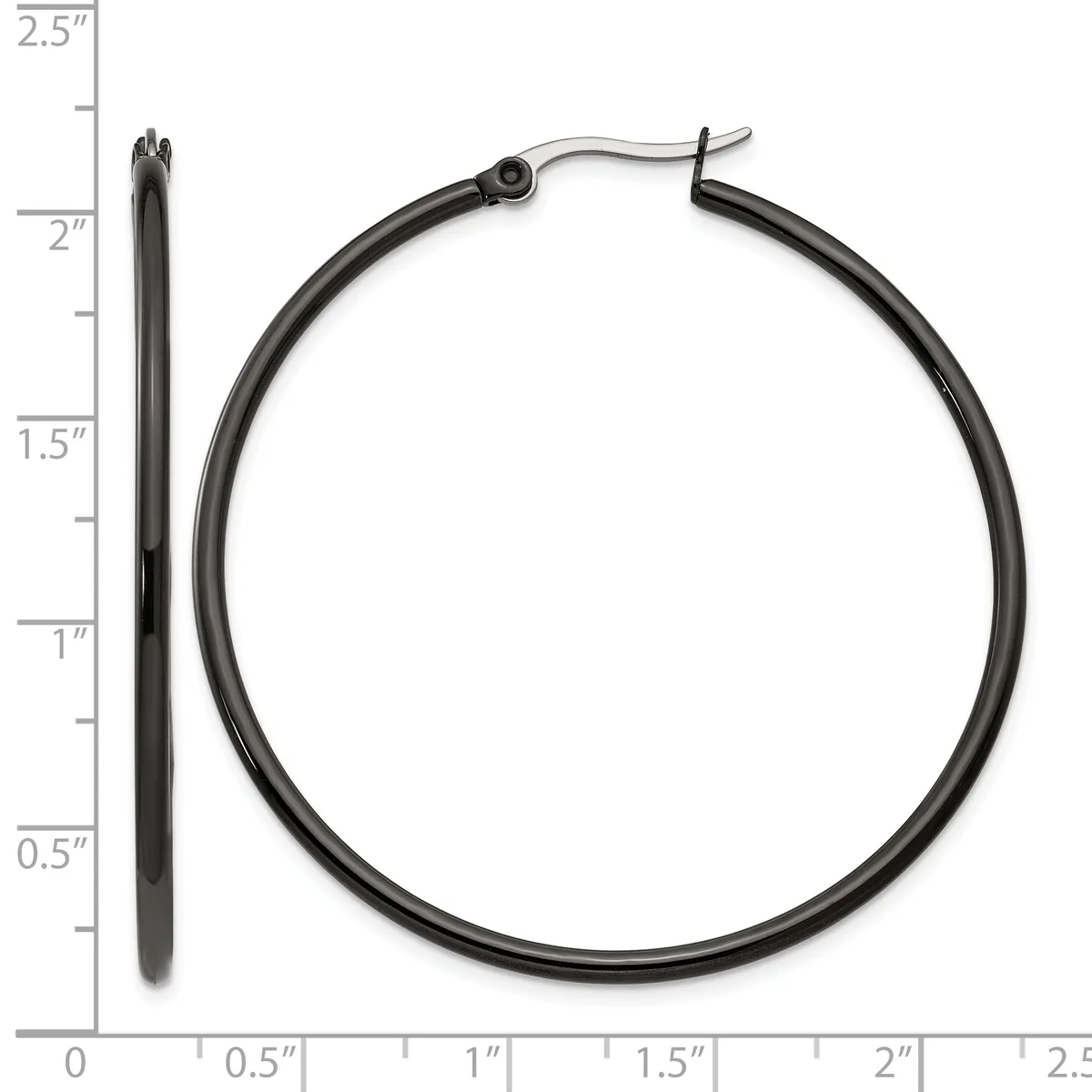 Two black metal hoop earrings displayed next to a ruler, showing the larger hoop measures approximately 2 inches in diameter and a smaller post earring measures about 2.25 inches in length.