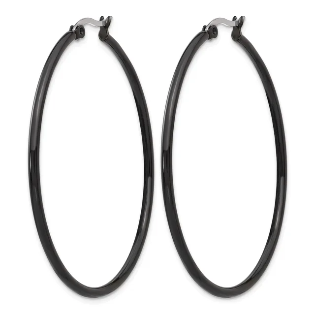A pair of large black hoop earrings with hinged closures, displayed side by side against a white background.