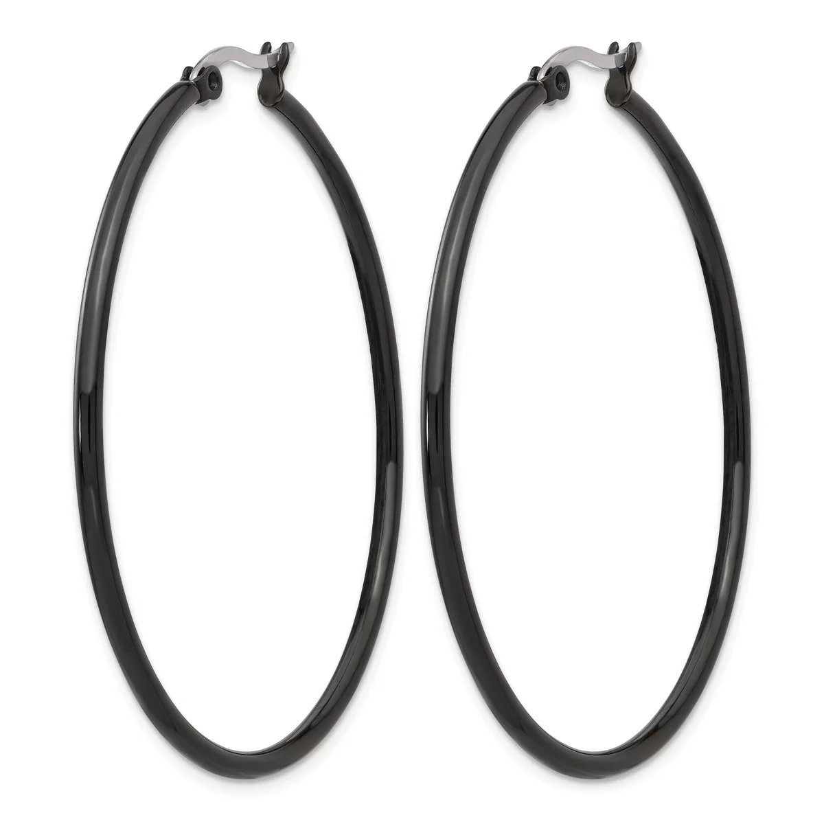 A pair of large black hoop earrings with hinged closures, displayed side by side against a white background.