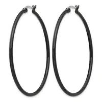 A pair of large black hoop earrings with hinged closures, displayed side by side against a white background.