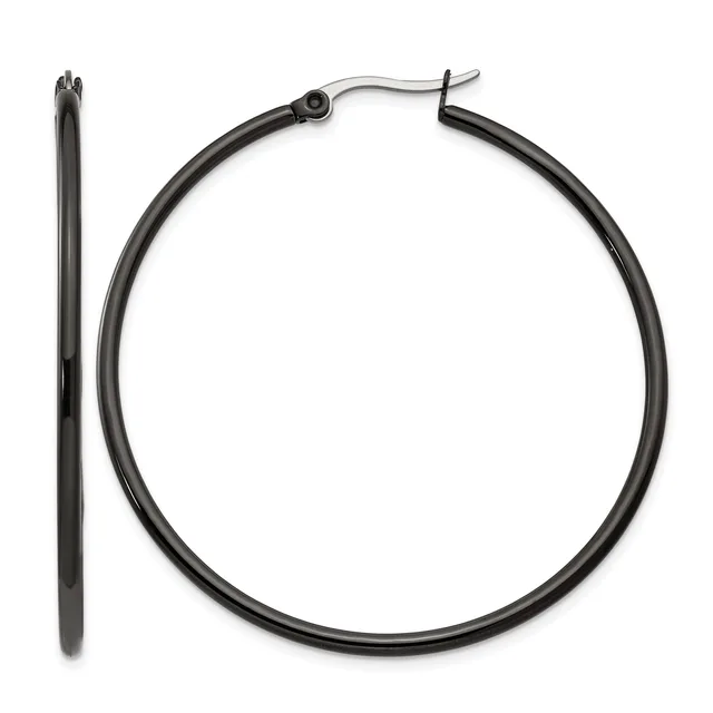 A pair of black hoop earrings with a polished silver-toned post and clasp, shown from front and side views.
