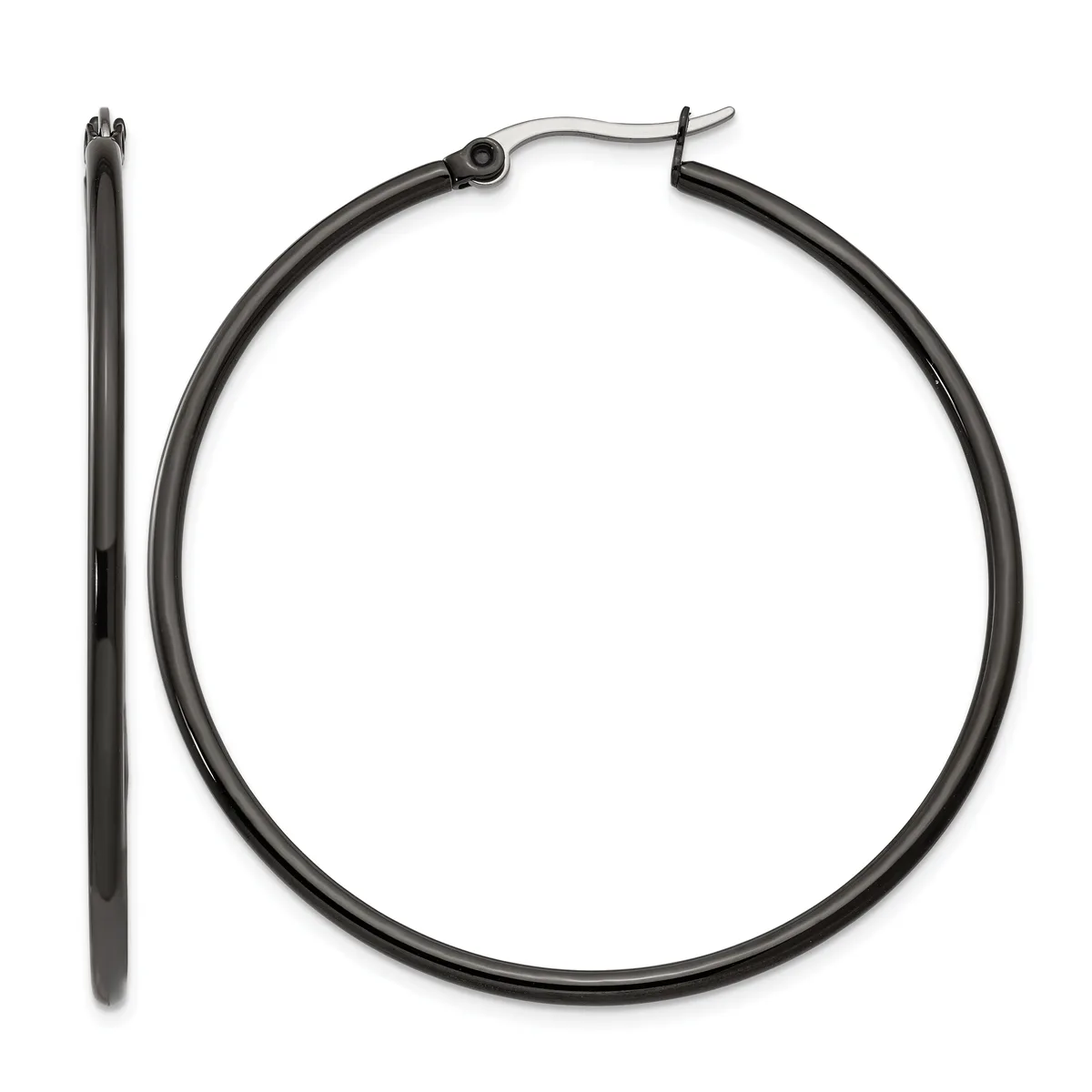 A pair of black hoop earrings with a polished silver-toned post and clasp, shown from front and side views.