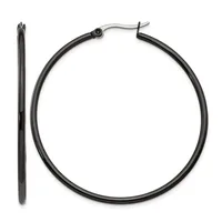 A pair of black hoop earrings with a polished silver-toned post and clasp, shown from front and side views.