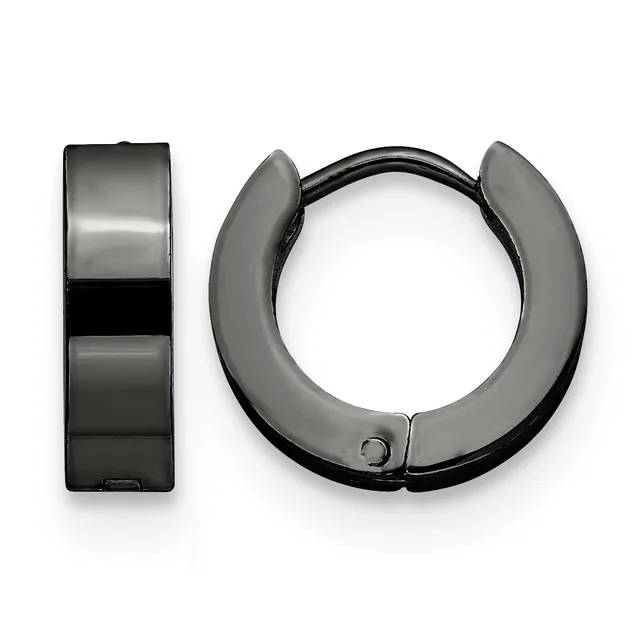 A pair of black and gray hinged hoop earrings shown from front and side views against a white background.