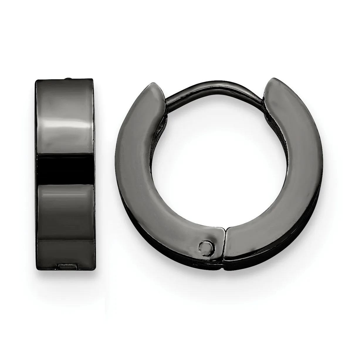 A pair of black and gray hinged hoop earrings shown from front and side views against a white background.