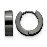 A pair of black and gray hinged hoop earrings shown from front and side views against a white background.