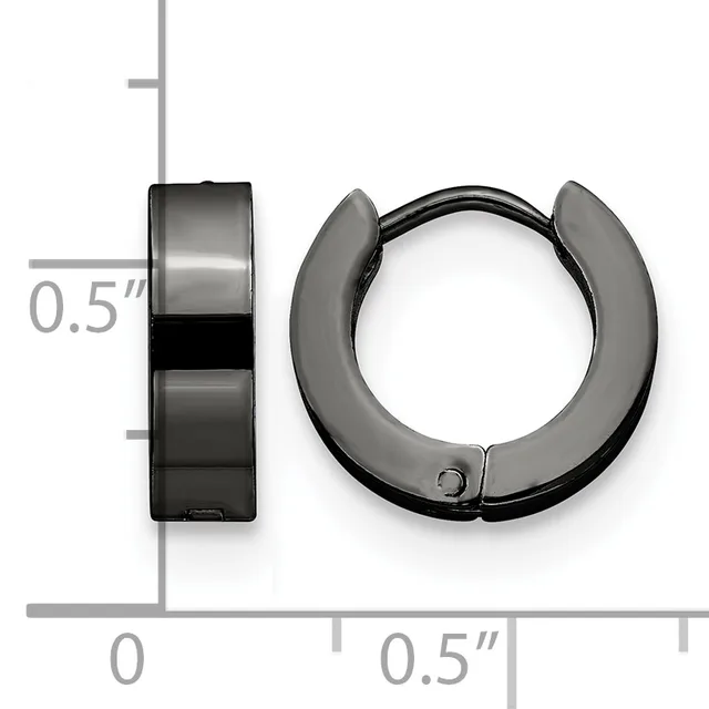 A pair of small hoop earrings with a polished metallic finish and matte gray rubber coating, shown against a measurement scale indicating approximately half an inch in diameter.