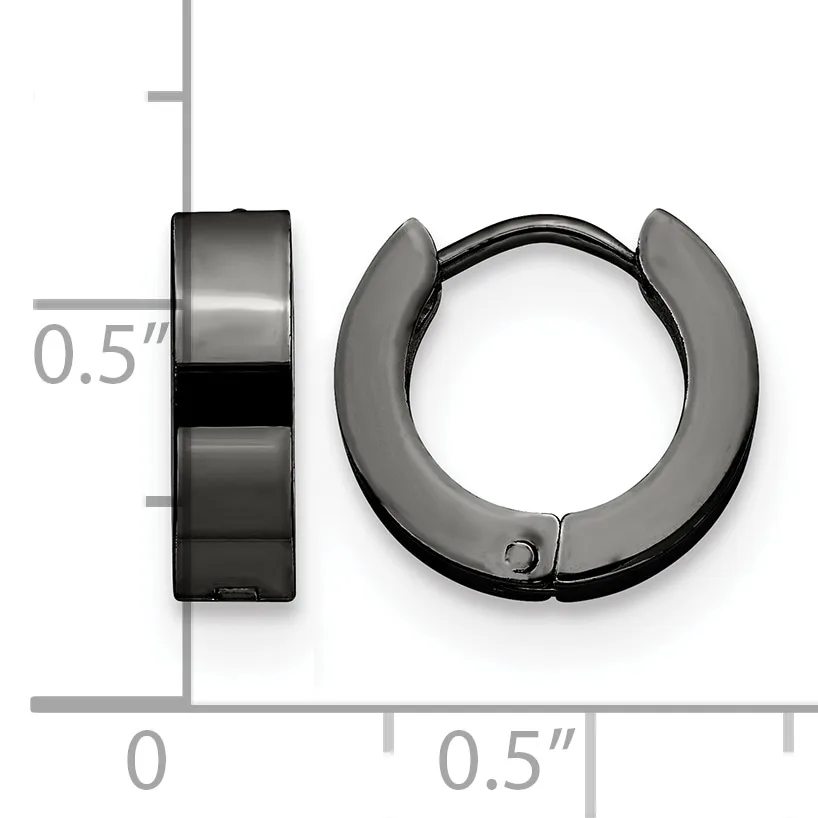A pair of small hoop earrings with a polished metallic finish and matte gray rubber coating, shown against a measurement scale indicating approximately half an inch in diameter.