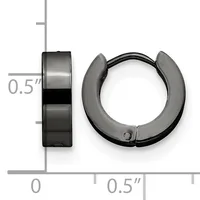 A pair of small hoop earrings with a polished metallic finish and matte gray rubber coating, shown against a measurement scale indicating approximately half an inch in diameter.