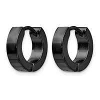 A pair of black polished chunky hoop earrings with hinged closures, shown side by side against a white background.