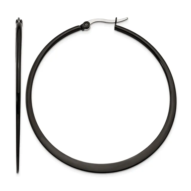 A pair of black hoop earrings with a polished silver-toned post and clutch closure, displayed against a white background.