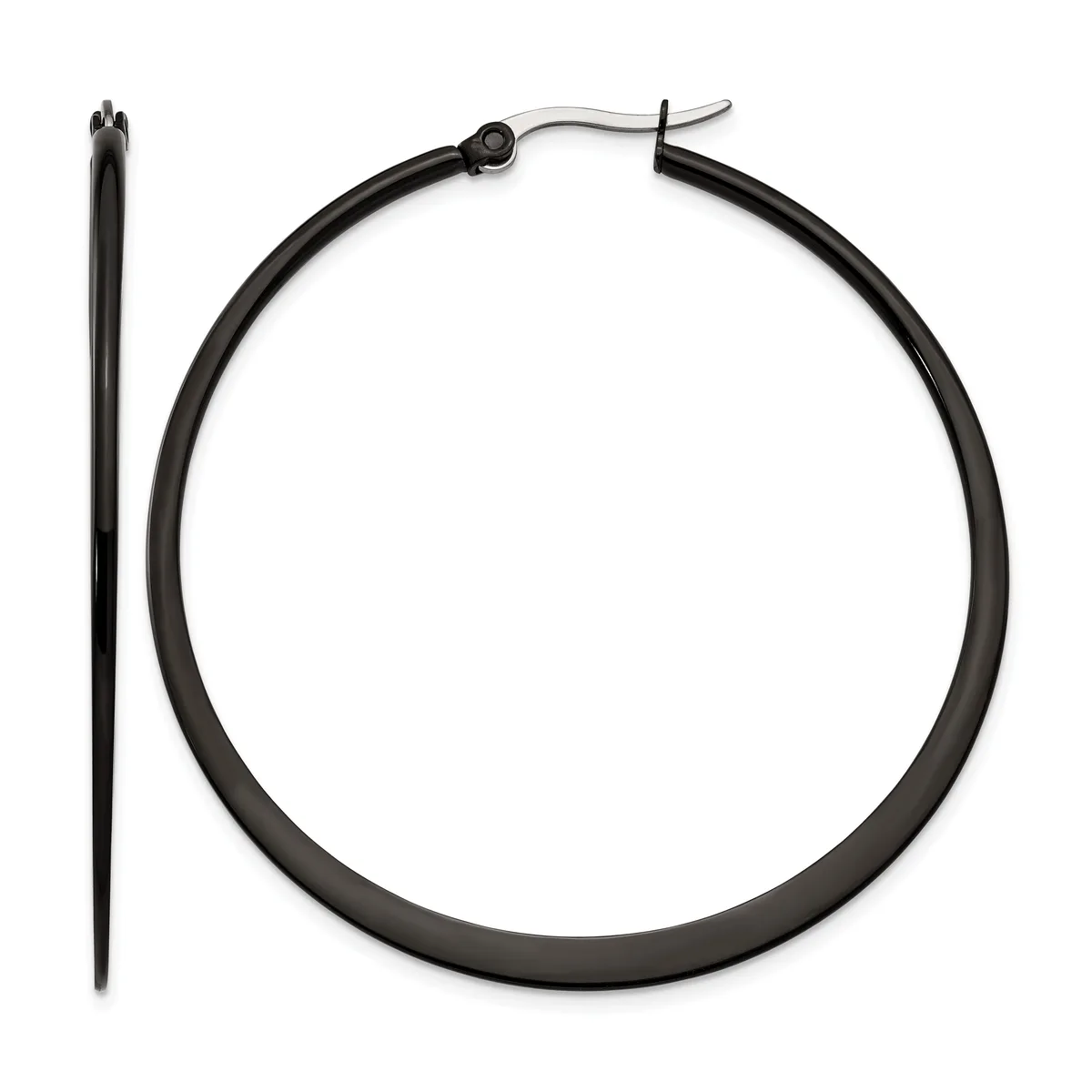 A pair of black hoop earrings with a polished silver-toned post and clutch closure, displayed against a white background.