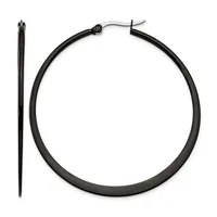 A pair of black hoop earrings with a polished silver-toned post and clutch closure, displayed against a white background.