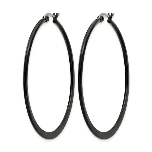 A pair of large black hoop earrings with a smooth, polished finish and hinged closure posts, displayed against a white background.