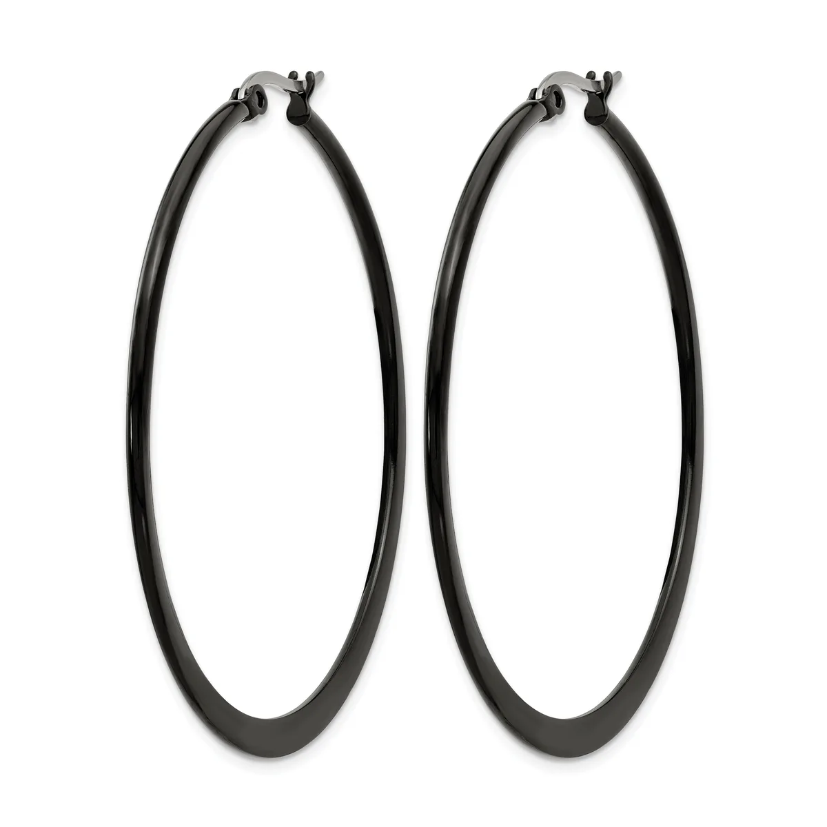 A pair of large black hoop earrings with a smooth, polished finish and hinged closure posts, displayed against a white background.