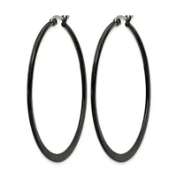 A pair of large black hoop earrings with a smooth, polished finish and hinged closure posts, displayed against a white background.